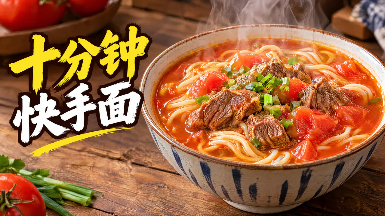 Miniature de vidéo culinaire en 16:9 générée par IA, avec un bol fumant de nouilles au bœuf et à la tomate sur une table en bois et un grand titre chinois, « 十分钟快手面 », à gauche