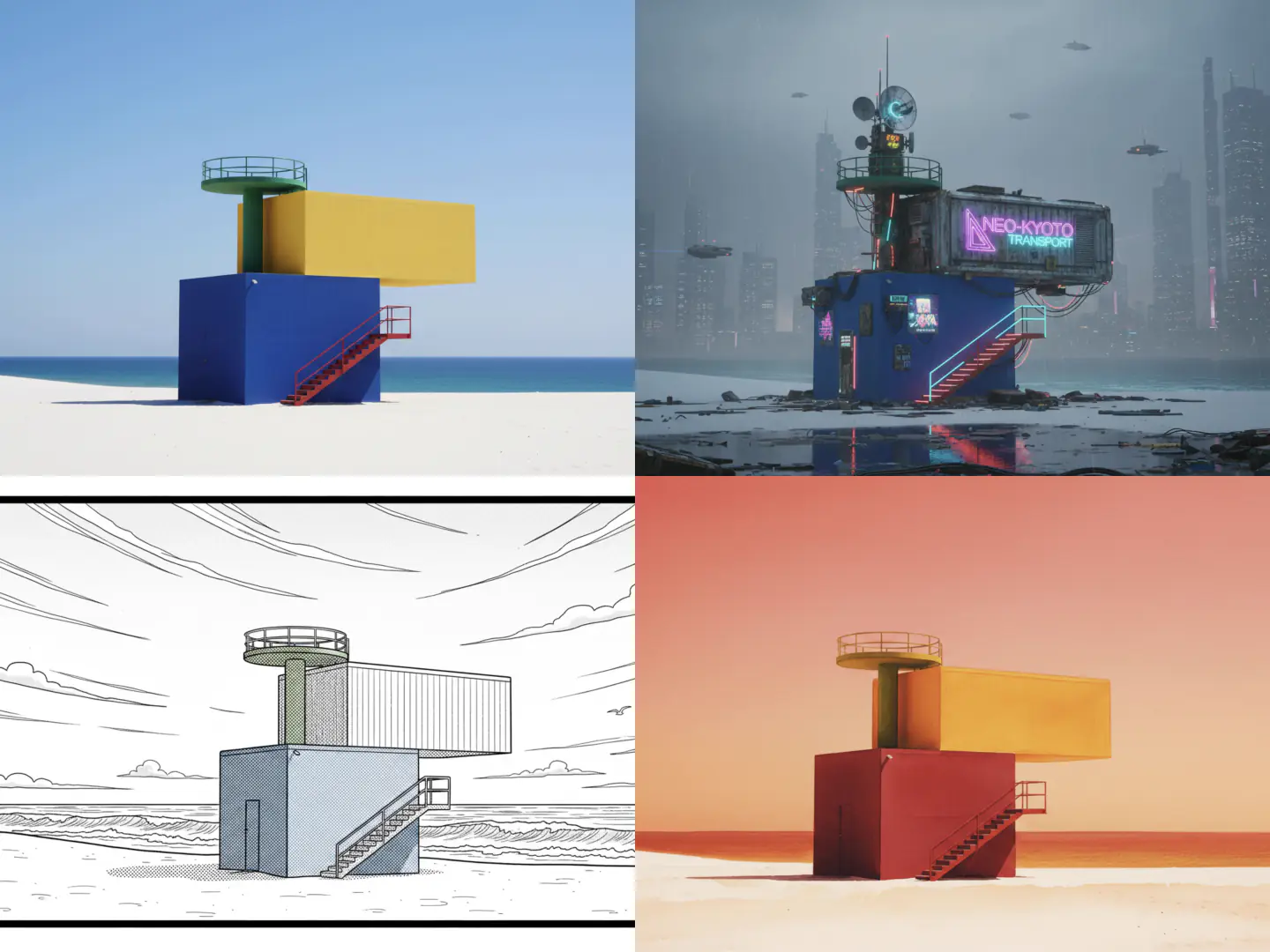 Les mêmes formes géométriques dans des styles réaliste, futuriste, dessin au trait et aux couleurs chaudes