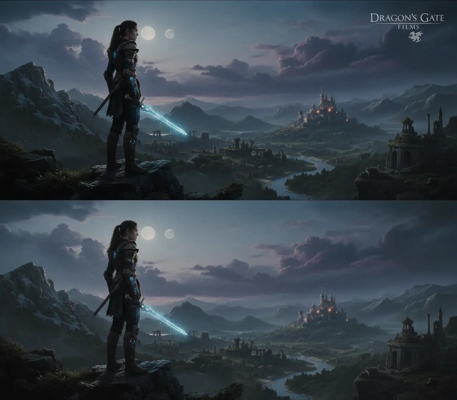 Ilustração de antes e depois da remoção de texto em uma cena de jogo