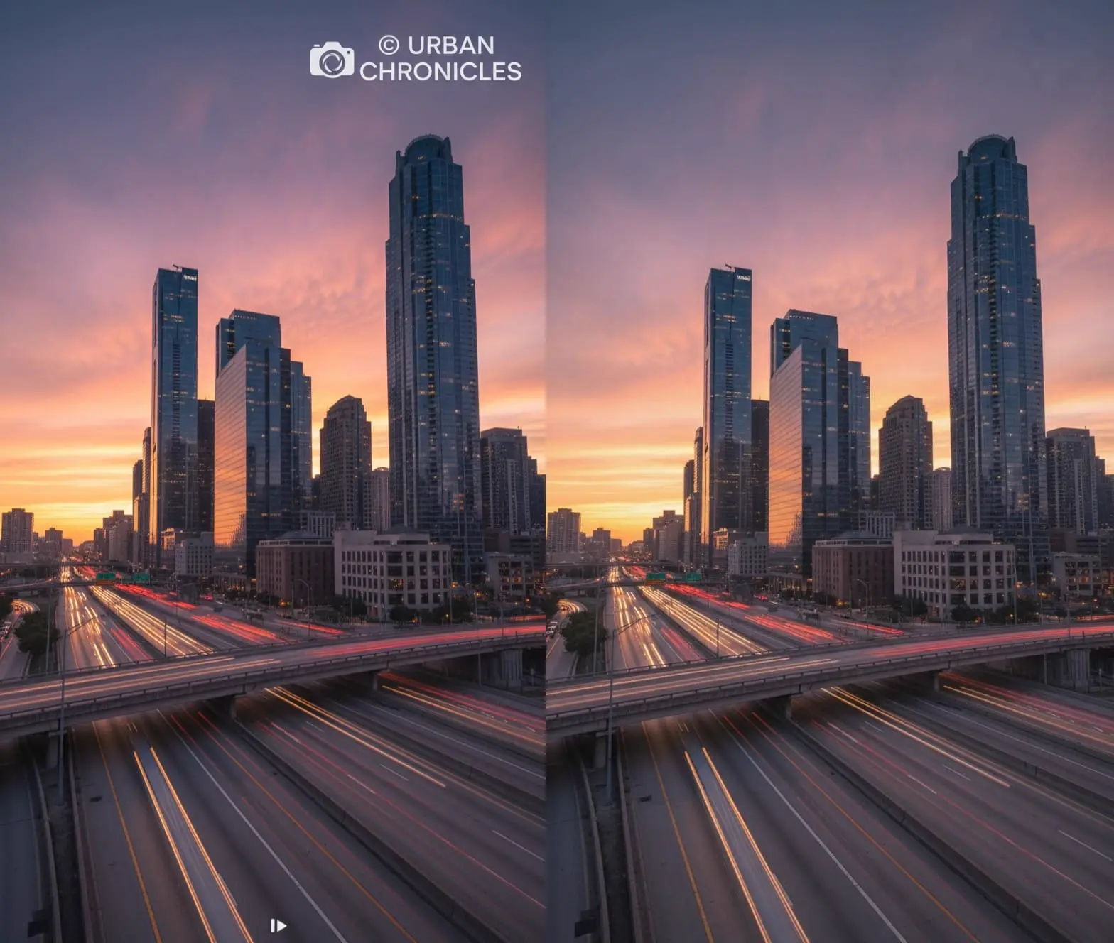 Ilustração de antes e depois da remoção de um logotipo em um quadro de timelapse de cidade